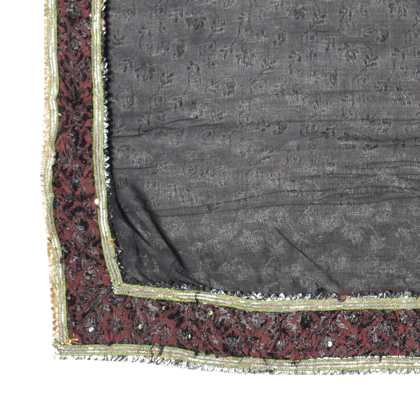 Sushila Vintage Self Woven Scrap Dupatta Black Pure Silk Floral Long Stole Wrap
