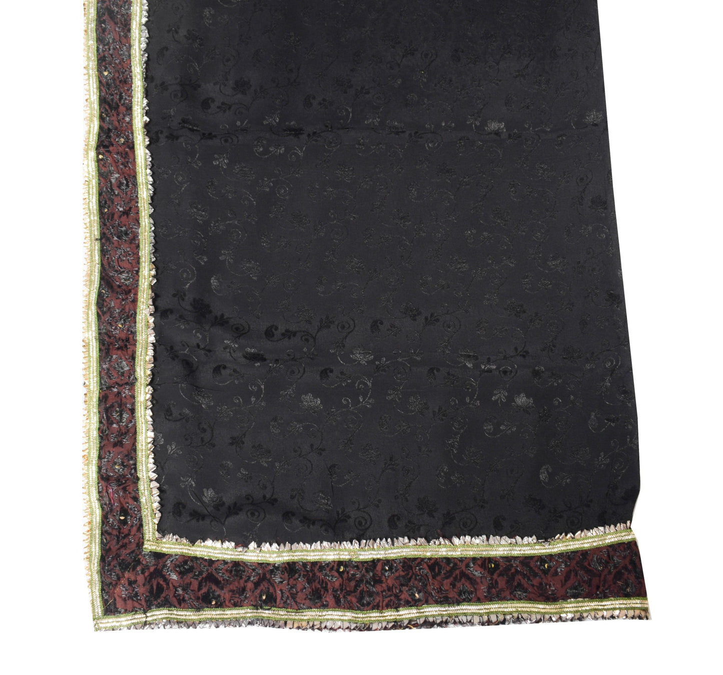 Sushila Vintage Self Woven Scrap Dupatta Black Pure Silk Floral Long Stole Wrap