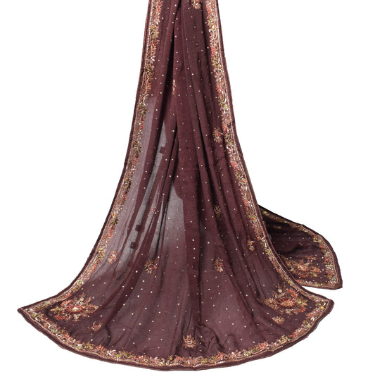 Sushila Vintage Dark Brown Scrap Dupatta Hand Beaded Pure Chiffon Long Stole