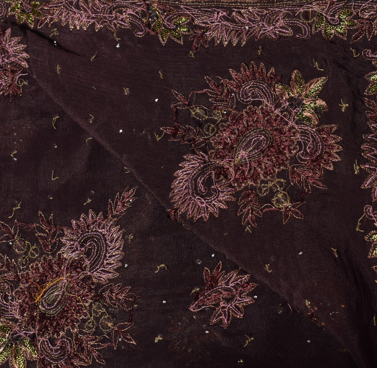Sushila Vintage Dark Brown Scrap Dupatta Hand Beaded Pure Chiffon Long Stole