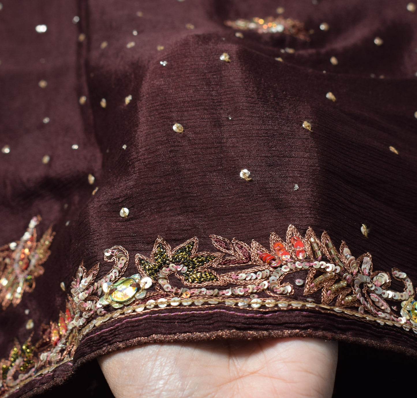 Sushila Vintage Dark Brown Scrap Dupatta Hand Beaded Pure Chiffon Long Stole
