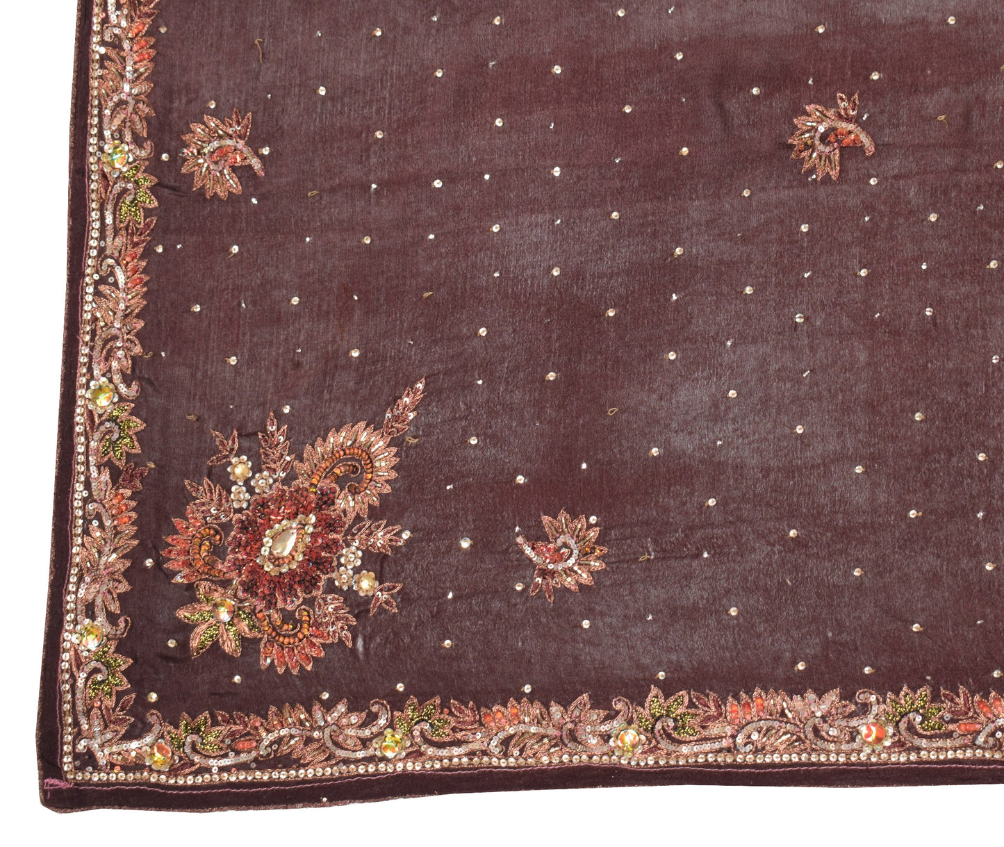 Sushila Vintage Dark Brown Scrap Dupatta Hand Beaded Pure Chiffon Long Stole