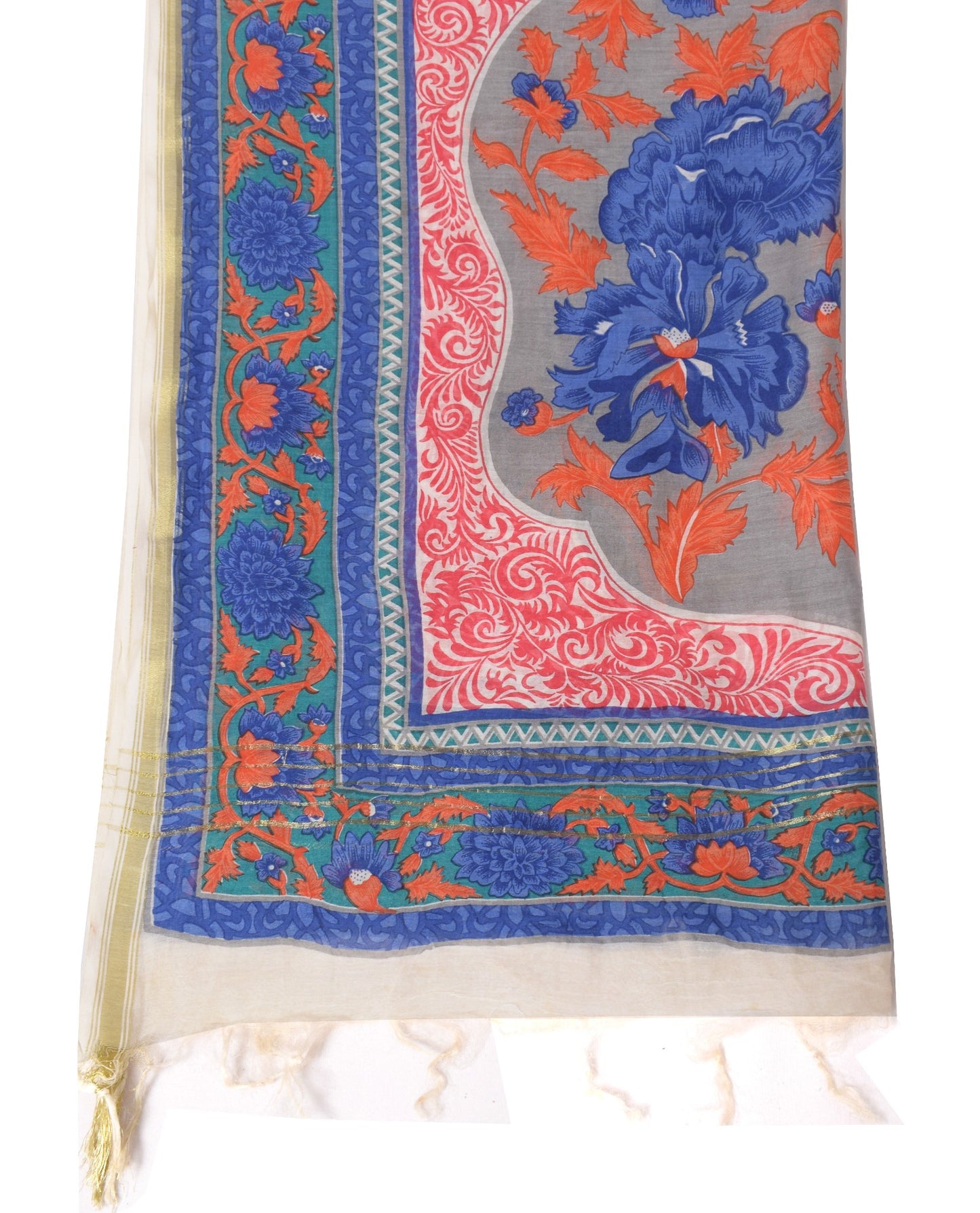 Sushila Vintage Gray Floral Scrap Dupatta Pure Cotton Silk Printed Long Stole