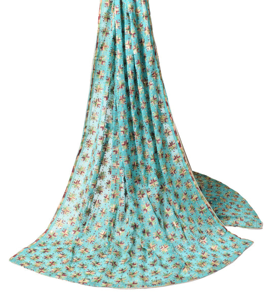 Sushila Vintage Bagh Phulkari Scrap Dupatta Aqua Green Embroidered Long Stole