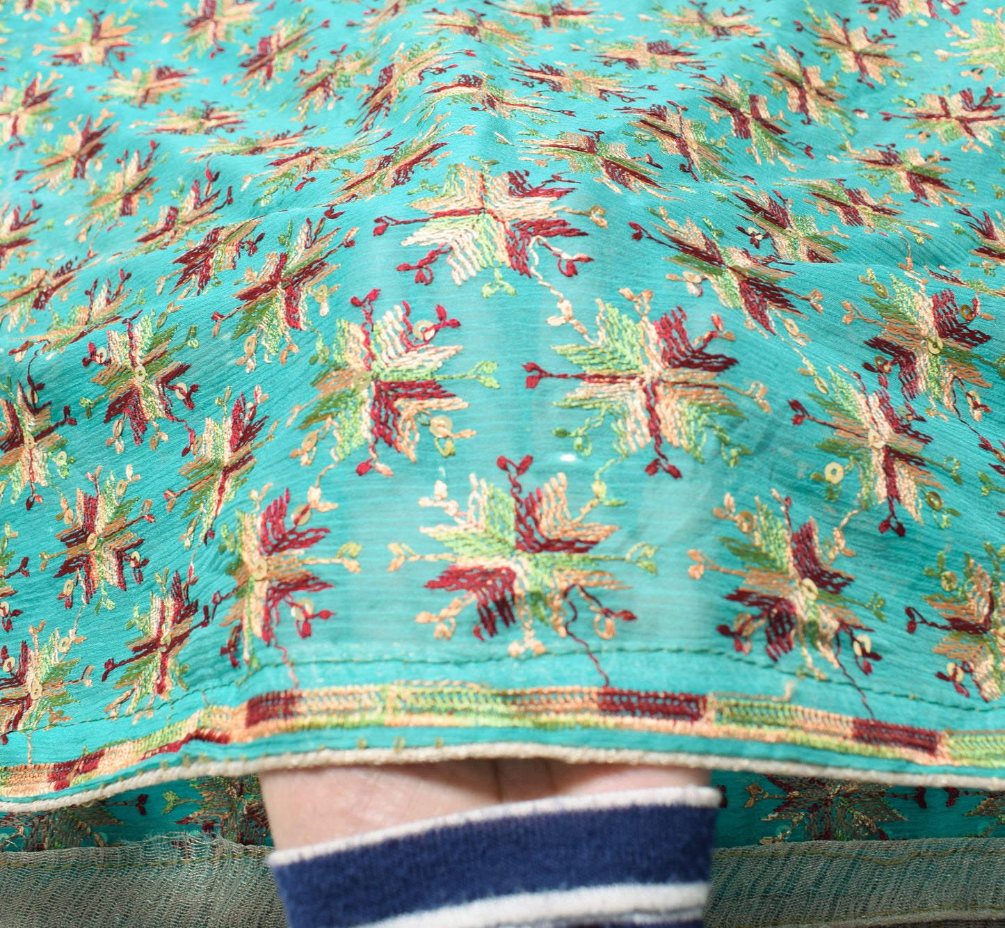 Sushila Vintage Bagh Phulkari Scrap Dupatta Aqua Green Embroidered Long Stole