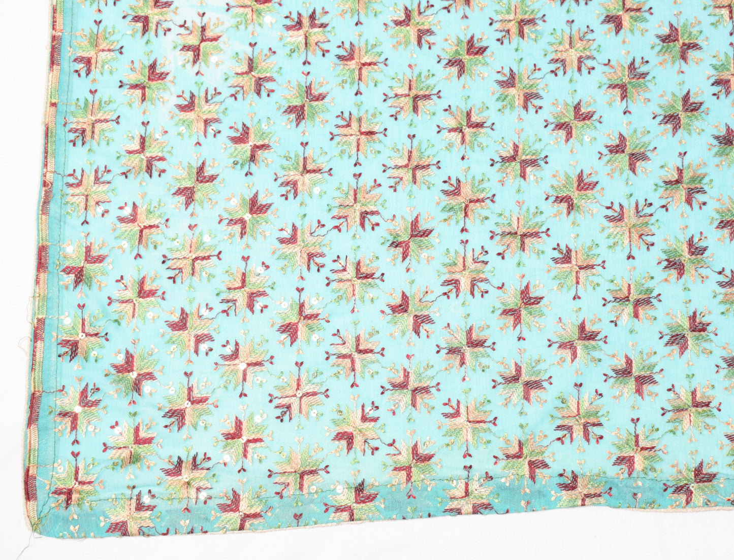 Sushila Vintage Bagh Phulkari Scrap Dupatta Aqua Green Embroidered Long Stole