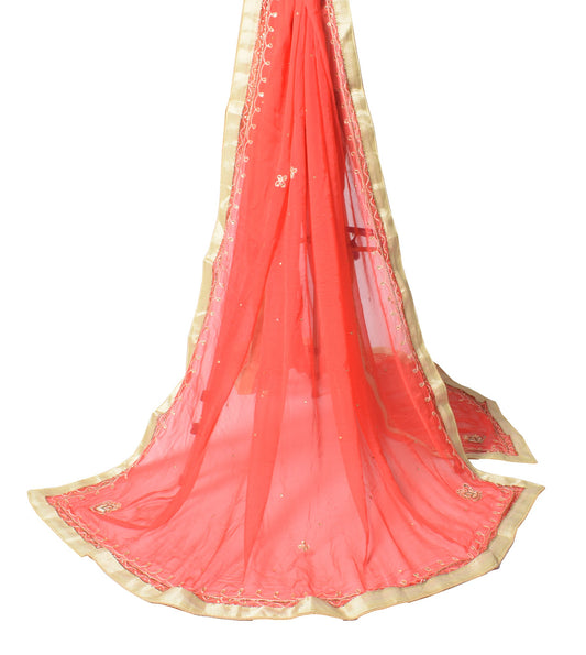Sushila Vintage Chiffon Silk Scrap Dupatta Floral Embroidered Red Long Stole