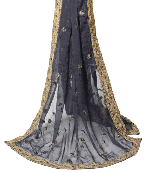 Sushila Vintage Black Scrap Dupatta Floral Embroidered Art Chiffon Long Stole