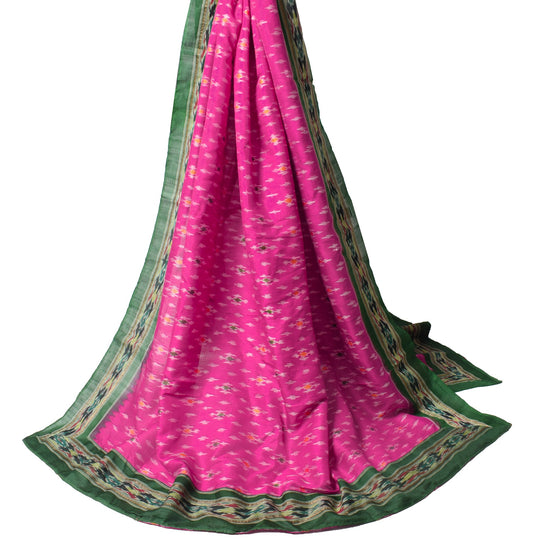 Sushila Vintage Magenta Green Scrap Dupatta Pure Silk Hand Woven Ikat Long Stole