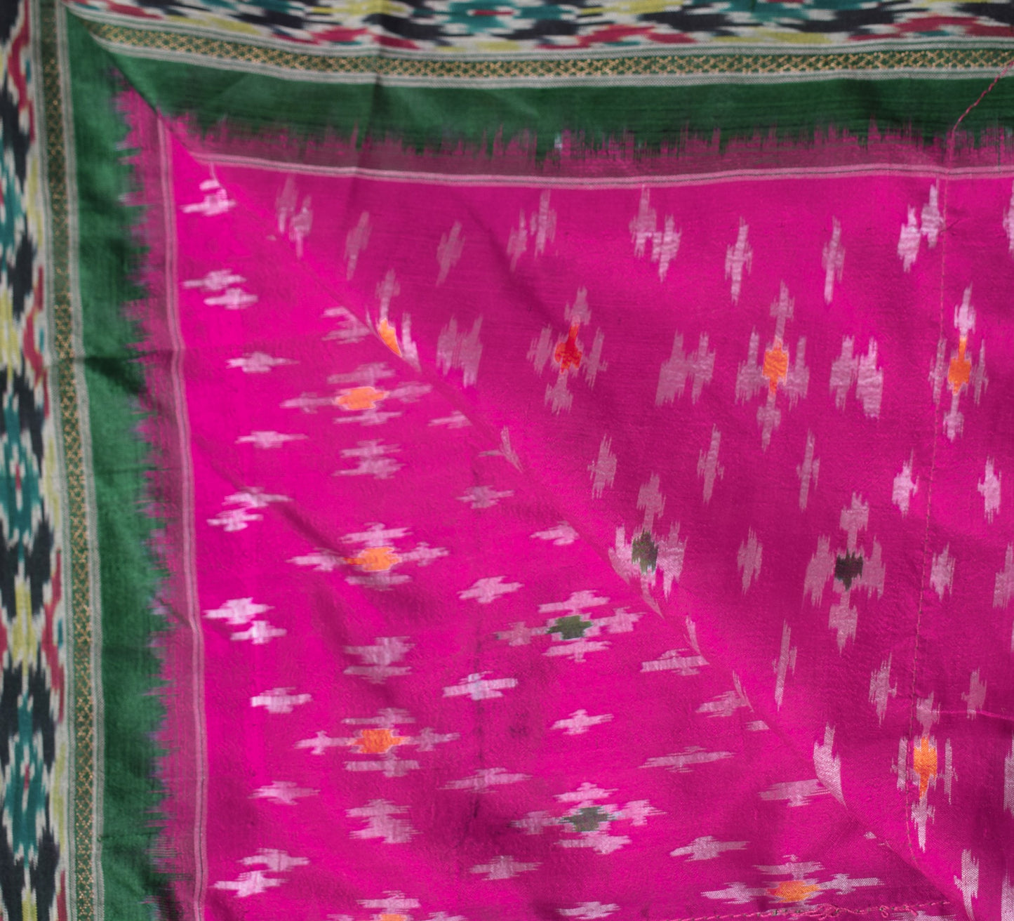 Sushila Vintage Magenta Green Scrap Dupatta Pure Silk Hand Woven Ikat Long Stole