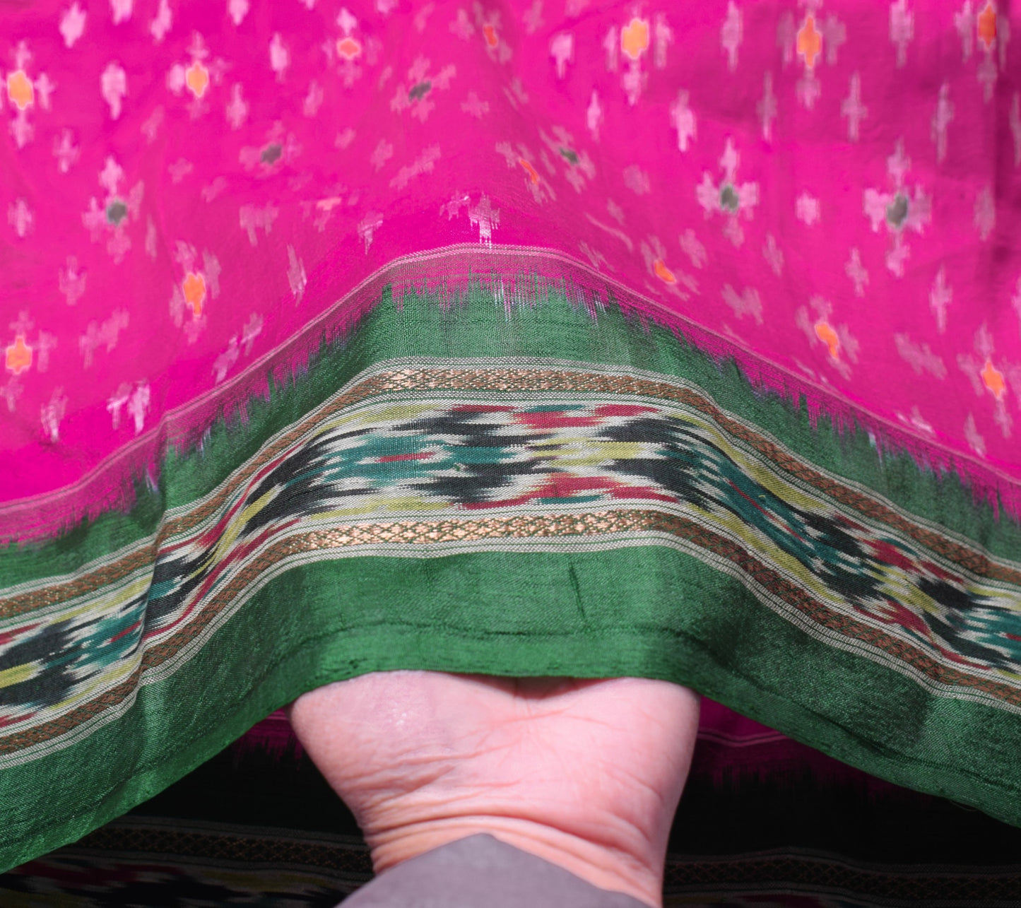 Sushila Vintage Magenta Green Scrap Dupatta Pure Silk Hand Woven Ikat Long Stole