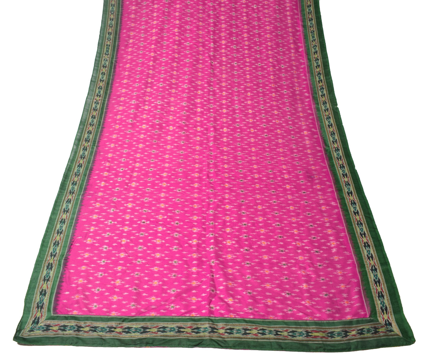 Sushila Vintage Magenta Green Scrap Dupatta Pure Silk Hand Woven Ikat Long Stole