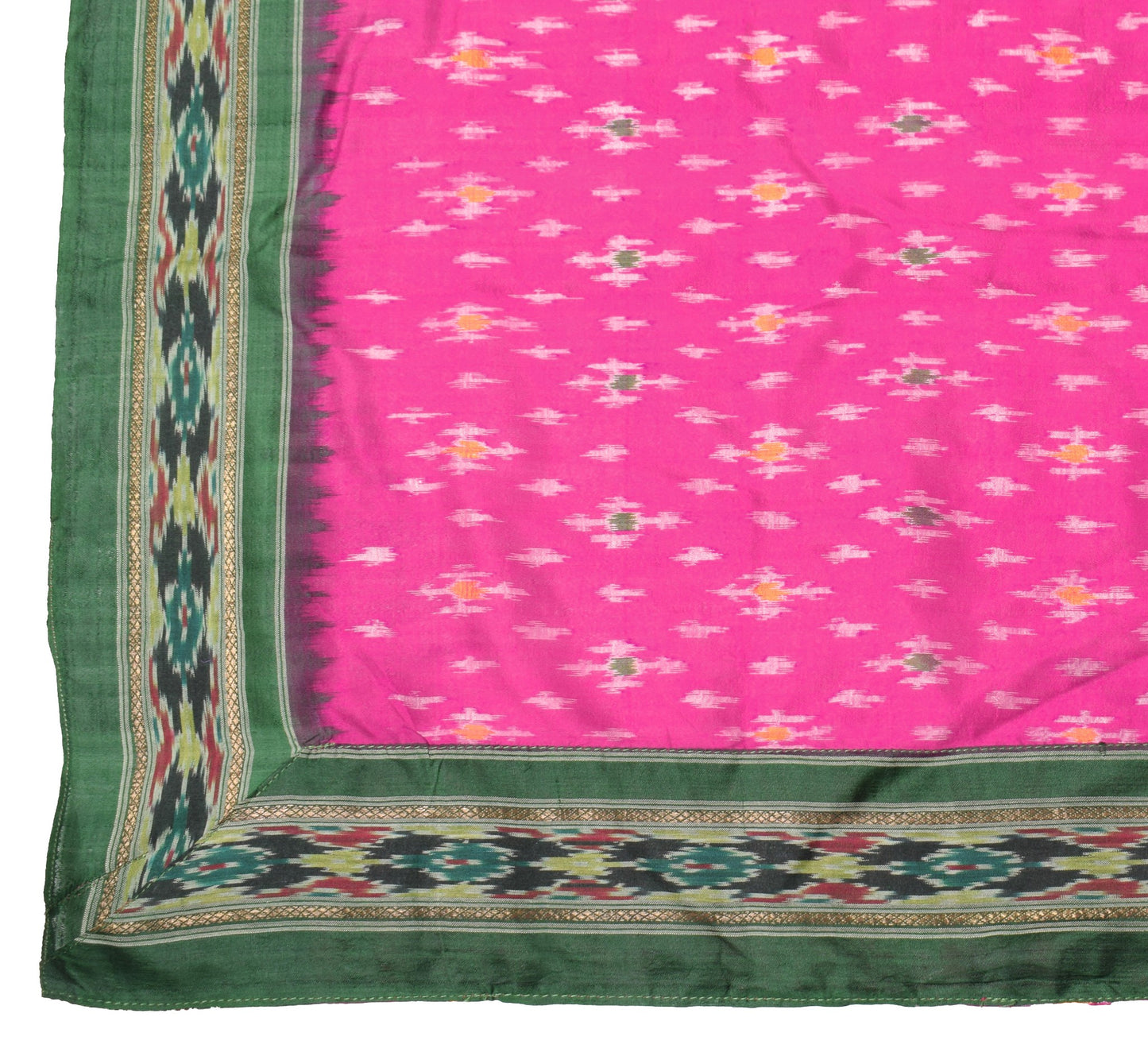 Sushila Vintage Magenta Green Scrap Dupatta Pure Silk Hand Woven Ikat Long Stole