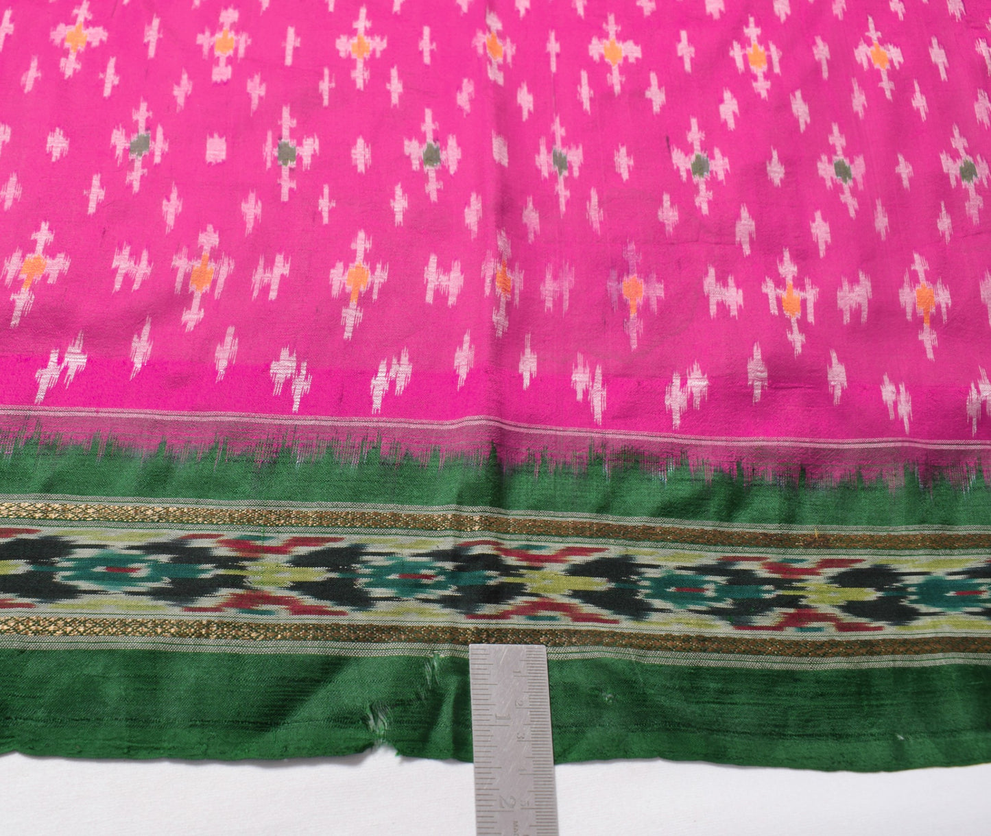 Sushila Vintage Magenta Green Scrap Dupatta Pure Silk Hand Woven Ikat Long Stole