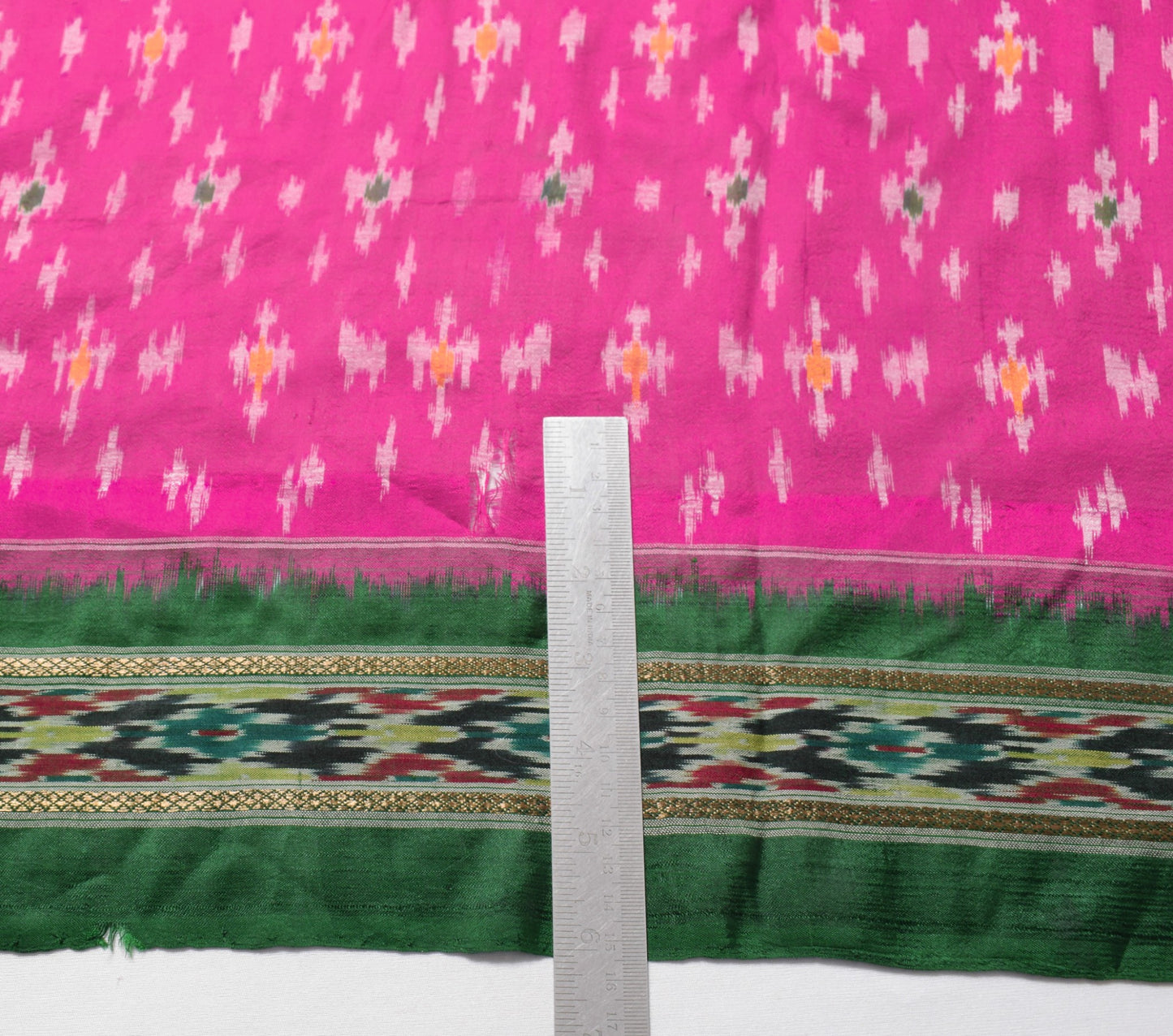 Sushila Vintage Magenta Green Scrap Dupatta Pure Silk Hand Woven Ikat Long Stole