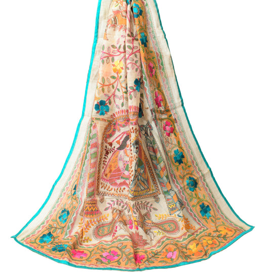 Sushila Vintage OOAK Scrap Dupatta Art Silk Handmade Phulkari Cream Long Stole