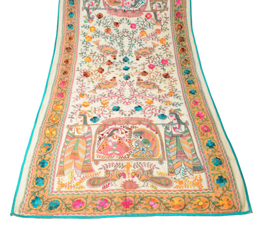 Sushila Vintage OOAK Scrap Dupatta Art Silk Handmade Phulkari Cream Long Stole