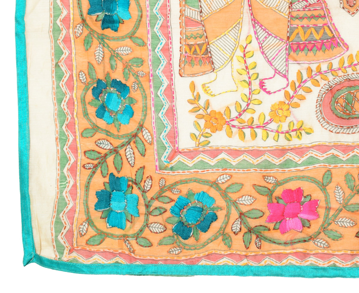 Sushila Vintage OOAK Scrap Dupatta Art Silk Handmade Phulkari Cream Long Stole