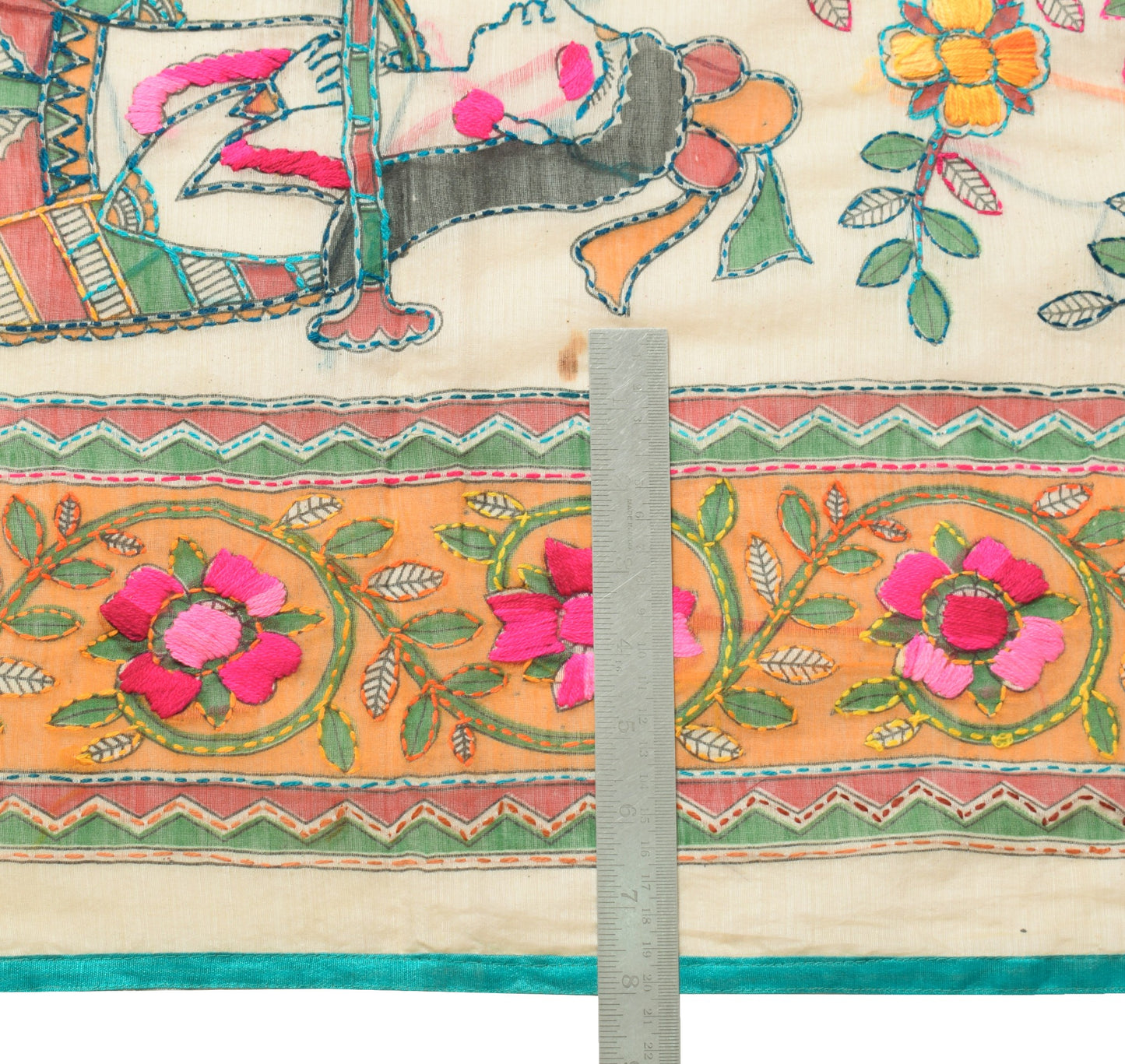 Sushila Vintage OOAK Scrap Dupatta Art Silk Handmade Phulkari Cream Long Stole