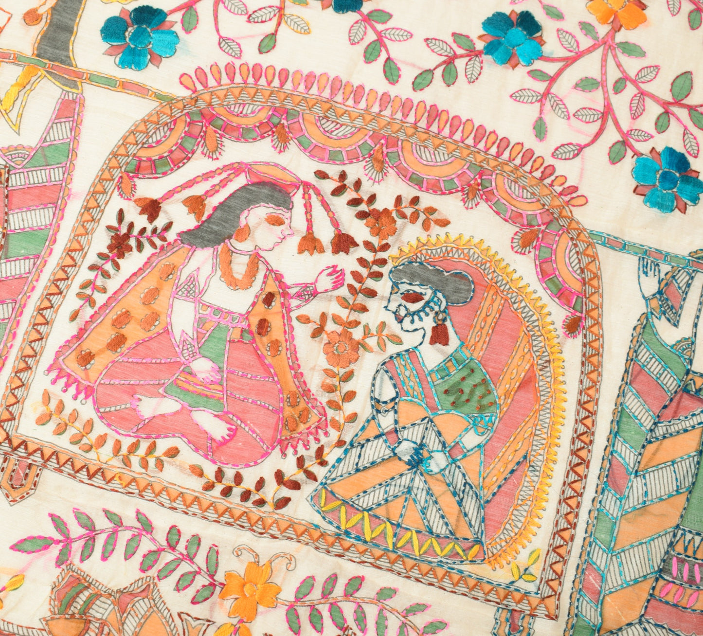 Sushila Vintage OOAK Scrap Dupatta Art Silk Handmade Phulkari Cream Long Stole