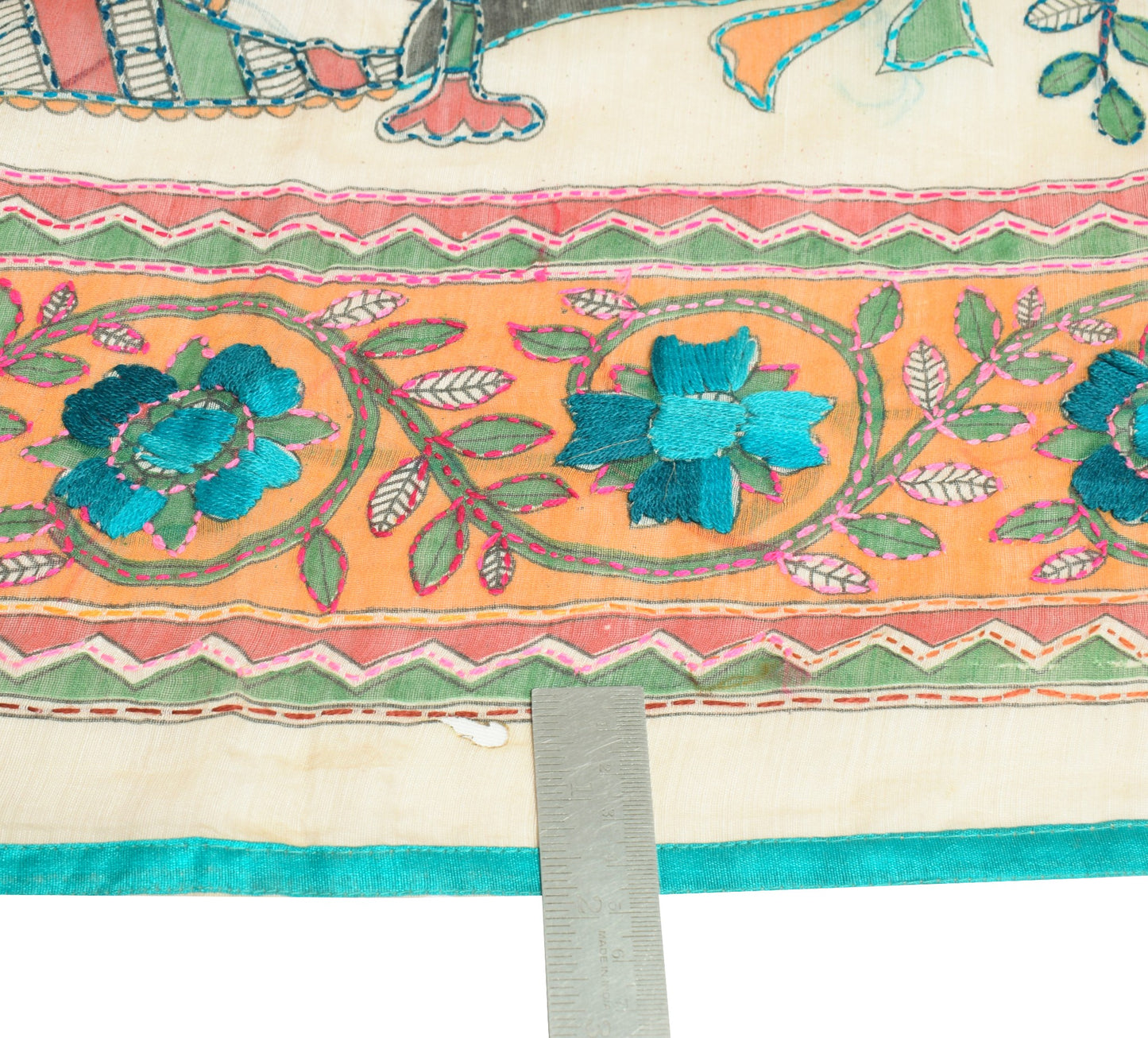 Sushila Vintage OOAK Scrap Dupatta Art Silk Handmade Phulkari Cream Long Stole