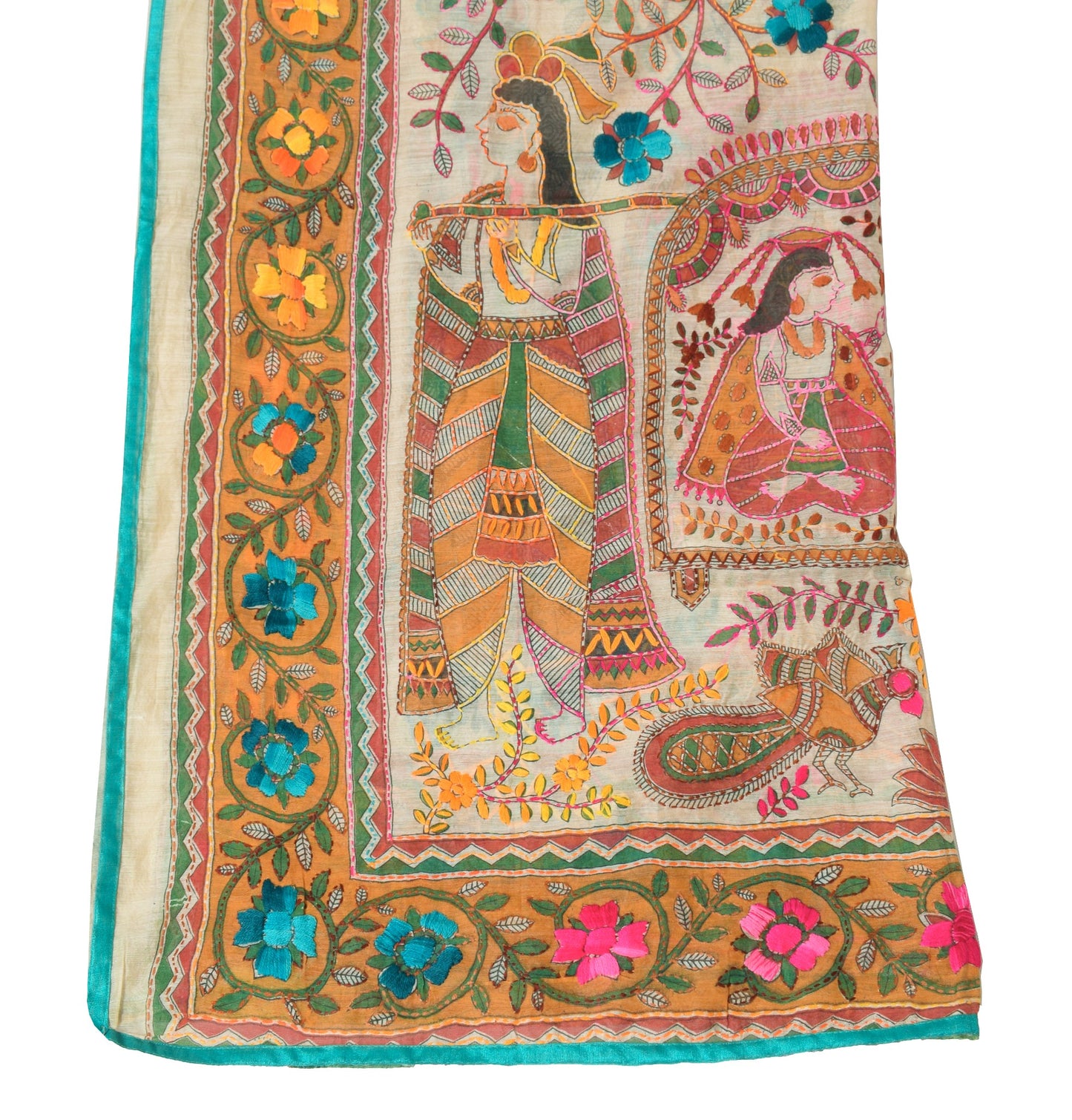 Sushila Vintage OOAK Scrap Dupatta Art Silk Handmade Phulkari Cream Long Stole