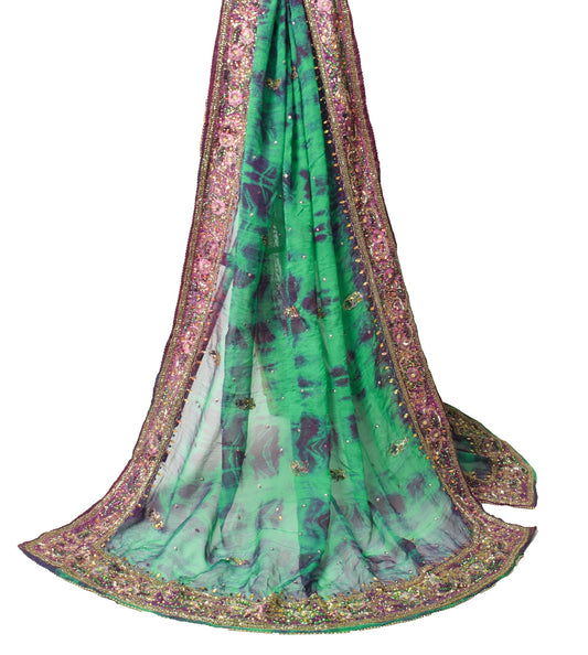 Sushila Vintage Green Dupatta Tie-Dye Embellish Border Pure Chiffon Long Stole