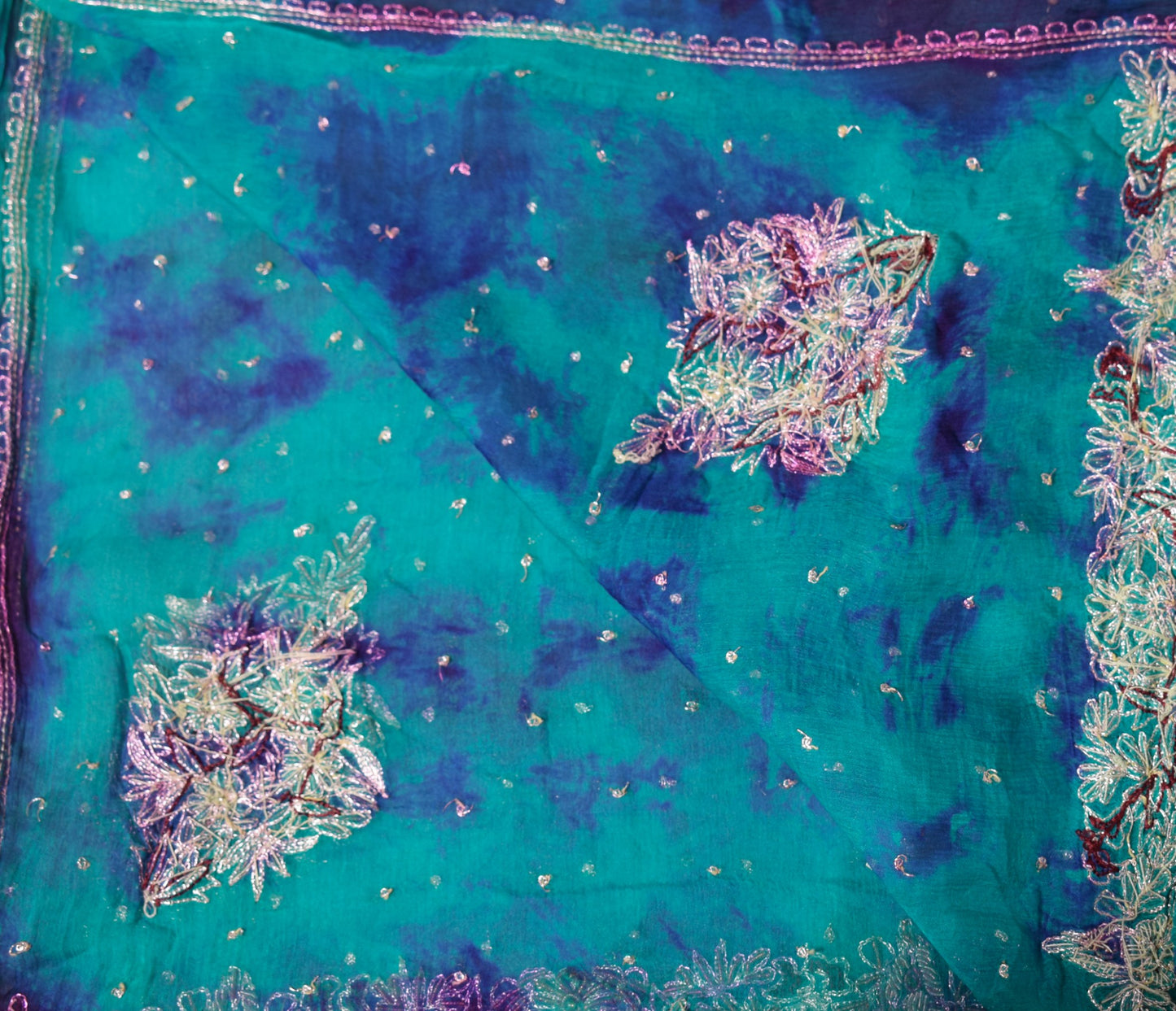 Sushila Vintage Aqua Green Scrap Dupatta Tie-Dye Zardozi Pure Chiffon Long Stole
