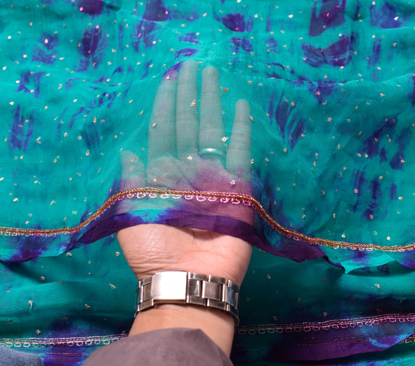 Sushila Vintage Aqua Green Scrap Dupatta Tie-Dye Zardozi Pure Chiffon Long Stole