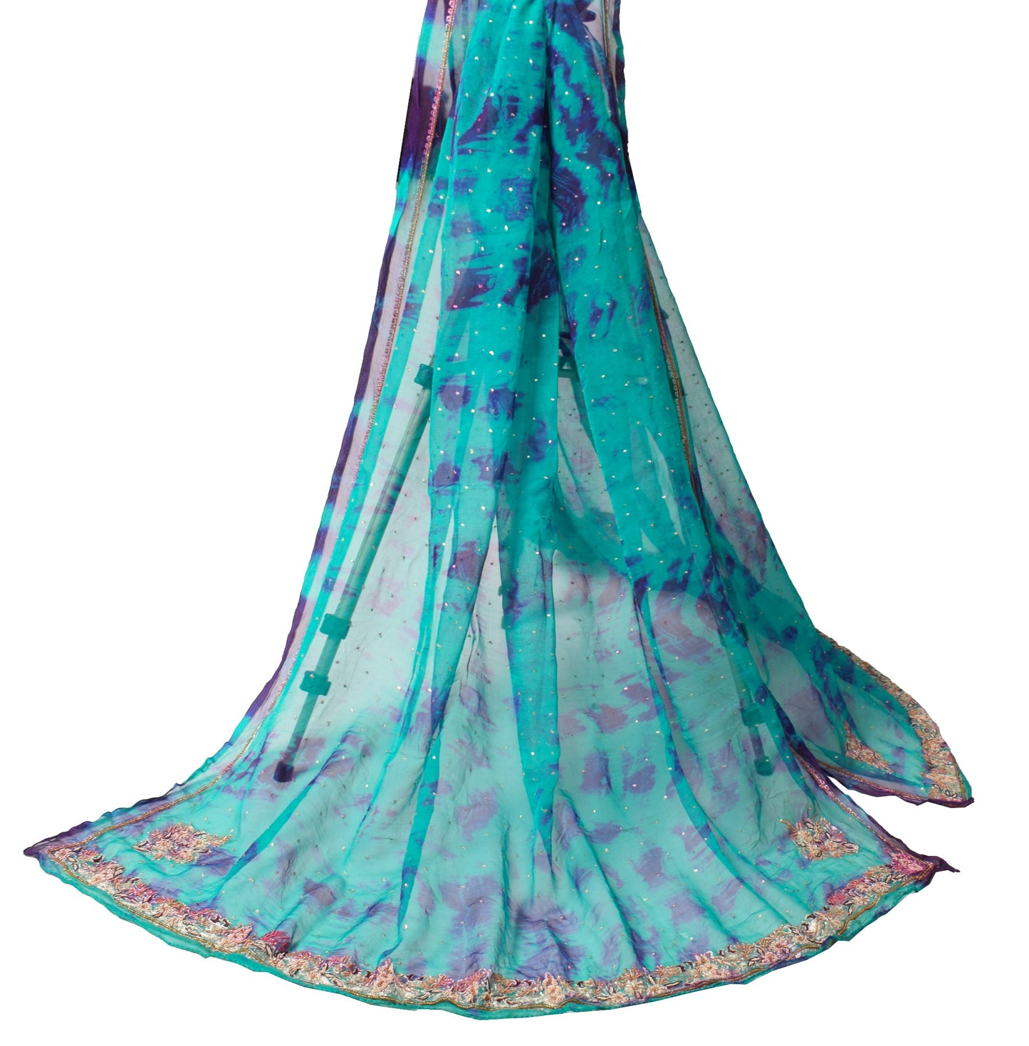 Sushila Vintage Aqua Green Scrap Dupatta Tie-Dye Zardozi Pure Chiffon Long Stole