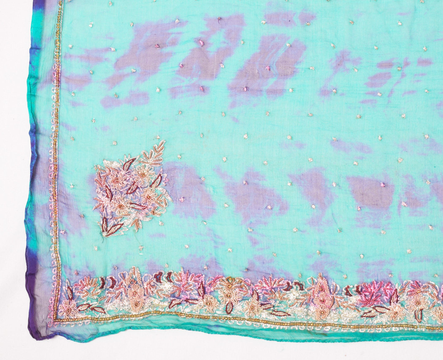 Sushila Vintage Aqua Green Scrap Dupatta Tie-Dye Zardozi Pure Chiffon Long Stole