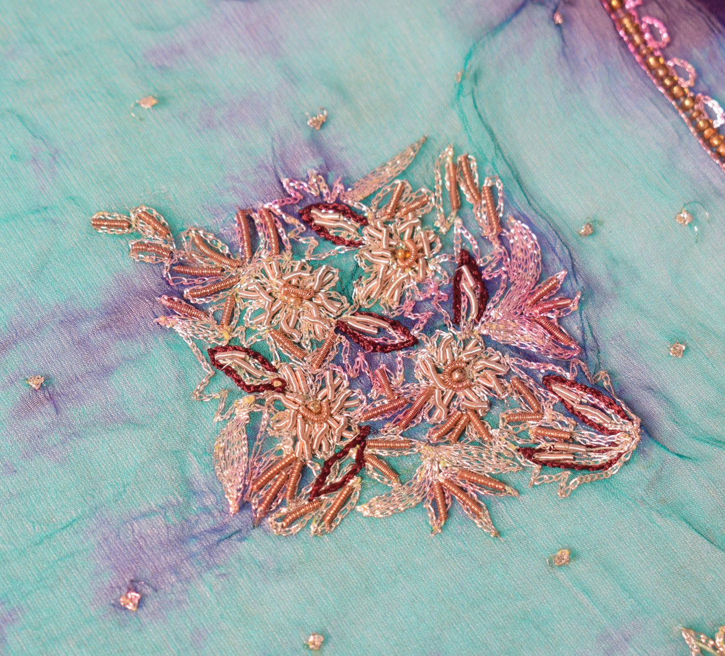 Sushila Vintage Aqua Green Scrap Dupatta Tie-Dye Zardozi Pure Chiffon Long Stole
