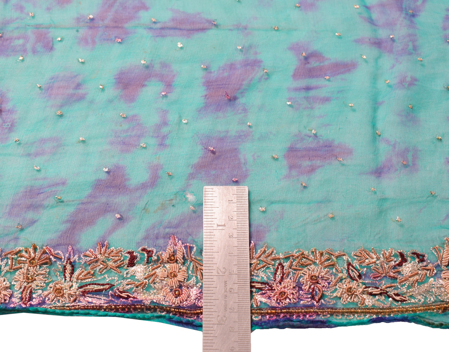 Sushila Vintage Aqua Green Scrap Dupatta Tie-Dye Zardozi Pure Chiffon Long Stole