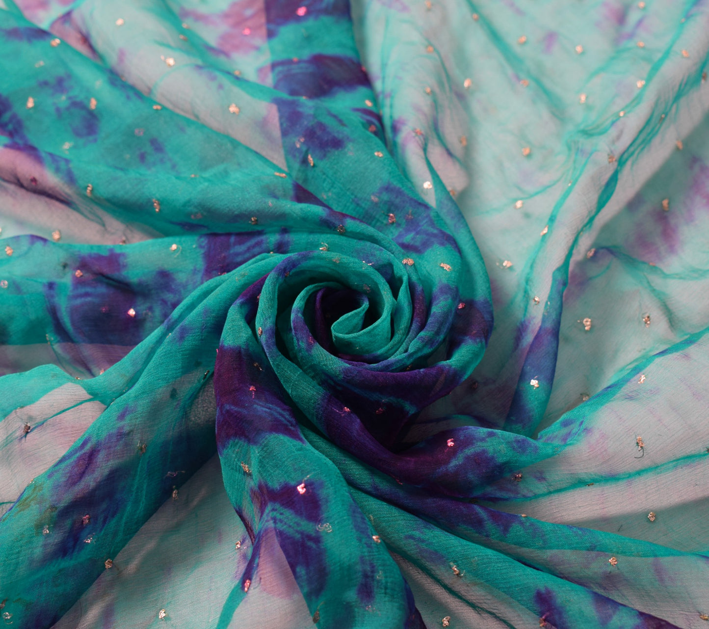 Sushila Vintage Aqua Green Scrap Dupatta Tie-Dye Zardozi Pure Chiffon Long Stole