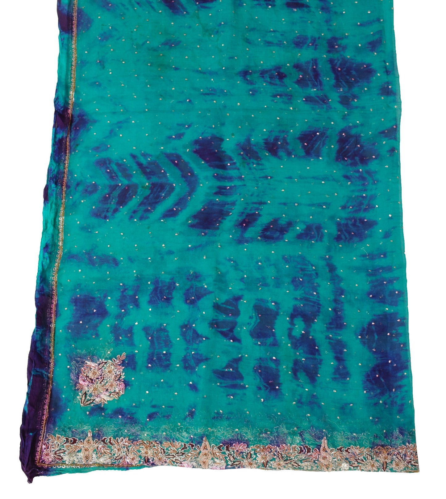 Sushila Vintage Aqua Green Scrap Dupatta Tie-Dye Zardozi Pure Chiffon Long Stole