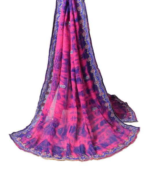 Sushila Vintage Tie-Dye Scrap Dupatta Pure Chiffon Handmade Magenta Long Stole