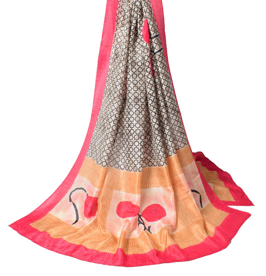 Sushila Vintage Beige Black Scrap Dupatta Pure Silk Geometrical Print Long Stole