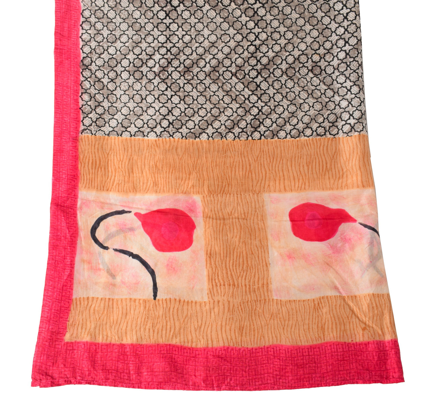 Sushila Vintage Beige Black Scrap Dupatta Pure Silk Geometrical Print Long Stole