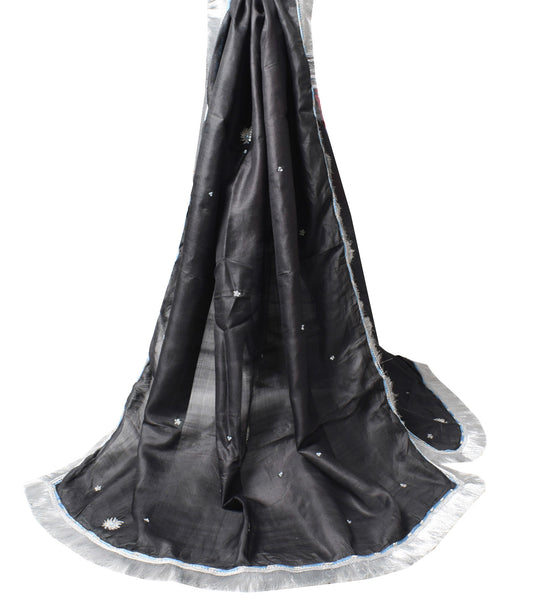 Sushila Vintage Black Scrap Dupatta Pure Tussar Hand Embroidered Soft Long Stole