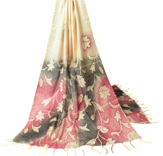 Sushila Vintage Beige Scrap Dupatta Floral Printed Art Cotton Silk Long Stole