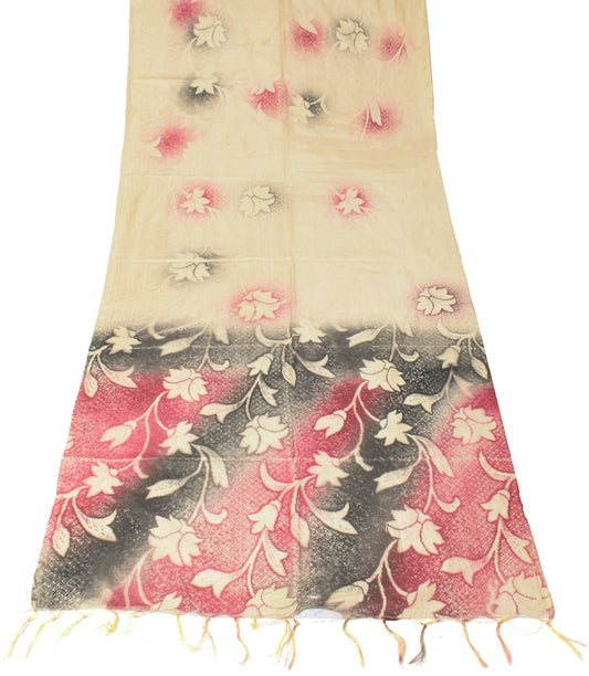 Sushila Vintage Beige Scrap Dupatta Floral Printed Art Cotton Silk Long Stole