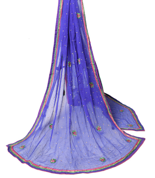Sushila Vintage Blue Scrap Dupatta Pure Chiffon Stone Glass Beads Work LongStole