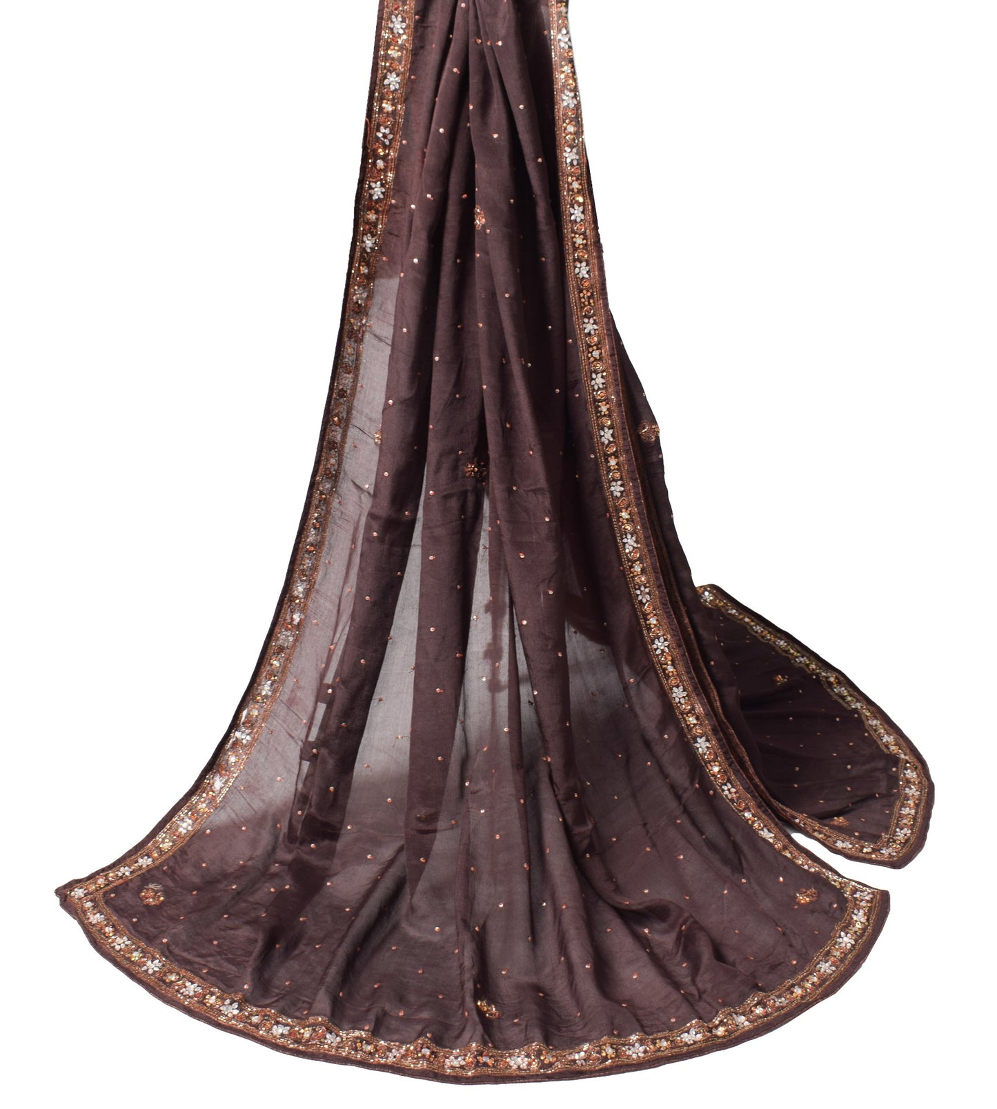 Sushila Vintage Sequins Embellish Scrap Dupatta Pure Chiffon Brown Long Stole
