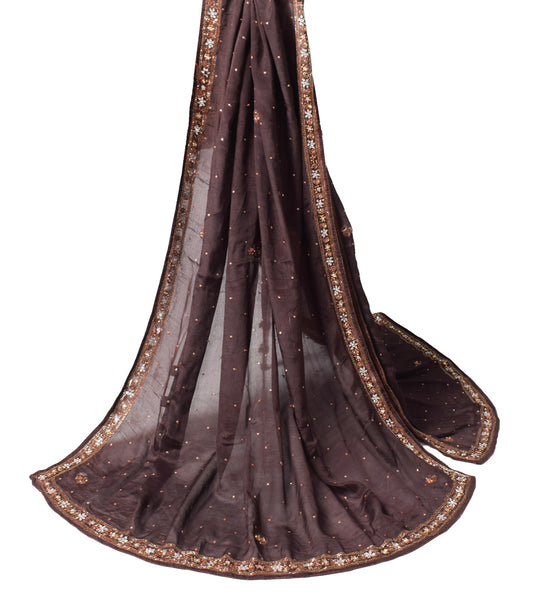 Sushila Vintage Sequins Embellish Scrap Dupatta Pure Chiffon Brown Long Stole