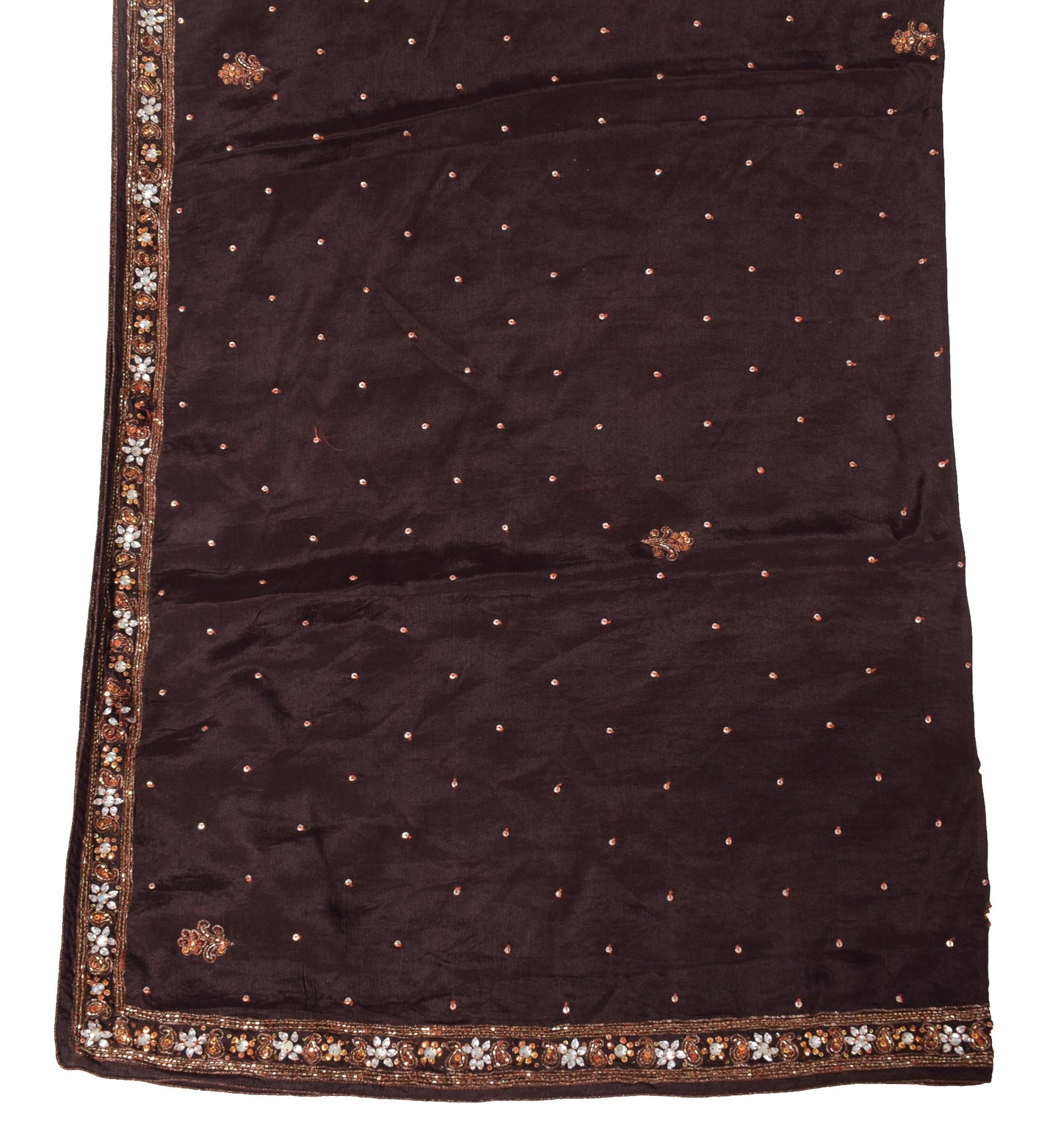 Sushila Vintage Sequins Embellish Scrap Dupatta Pure Chiffon Brown Long Stole