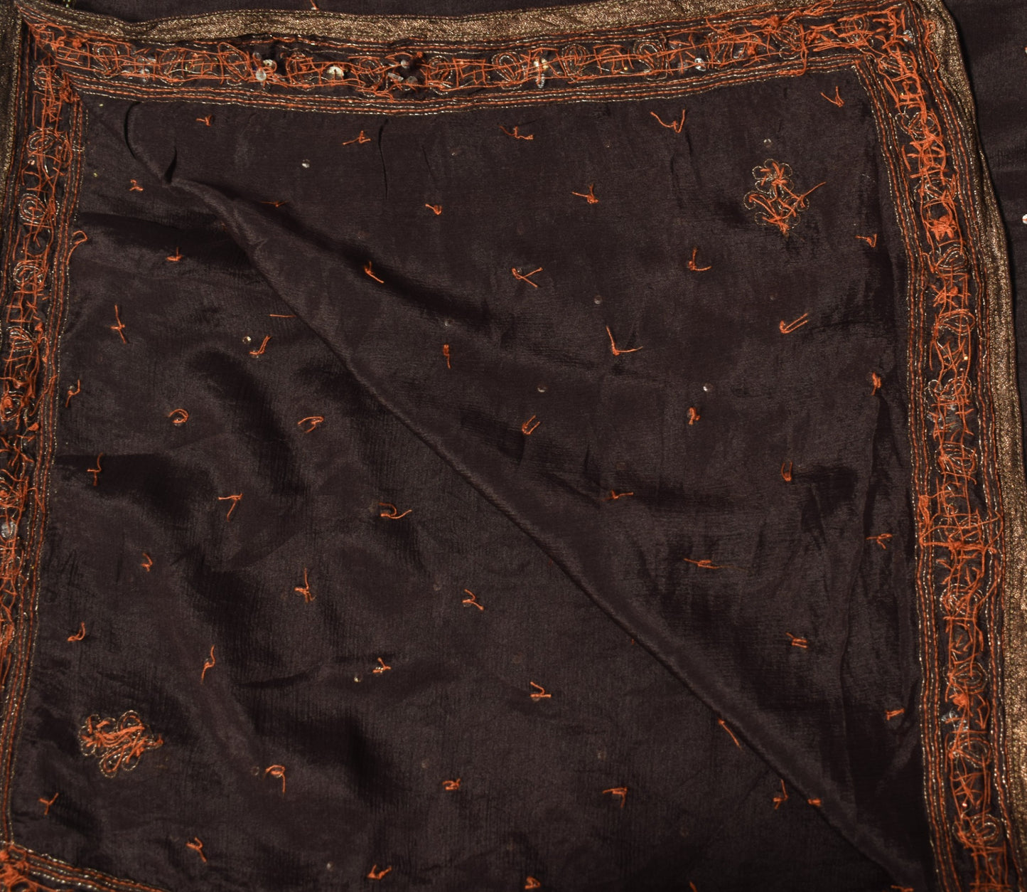 Sushila Vintage Sequins Embellish Scrap Dupatta Pure Chiffon Brown Long Stole