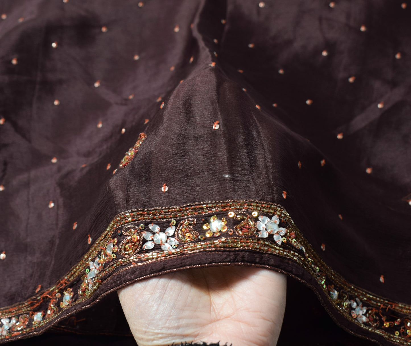 Sushila Vintage Sequins Embellish Scrap Dupatta Pure Chiffon Brown Long Stole