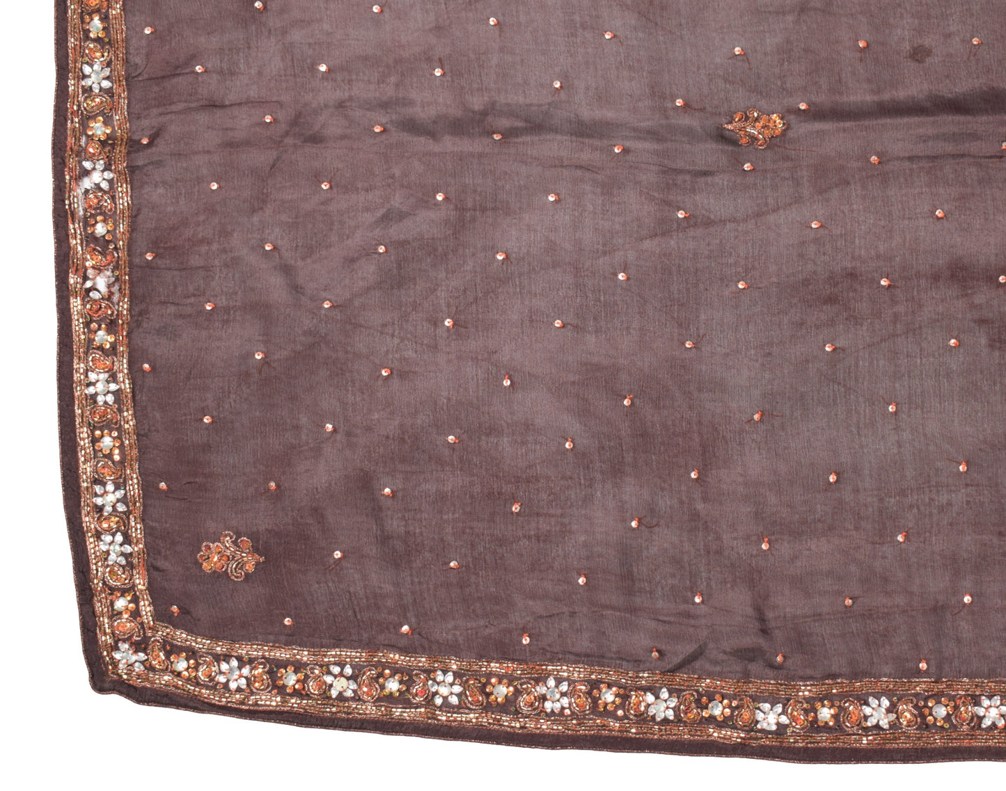 Sushila Vintage Sequins Embellish Scrap Dupatta Pure Chiffon Brown Long Stole