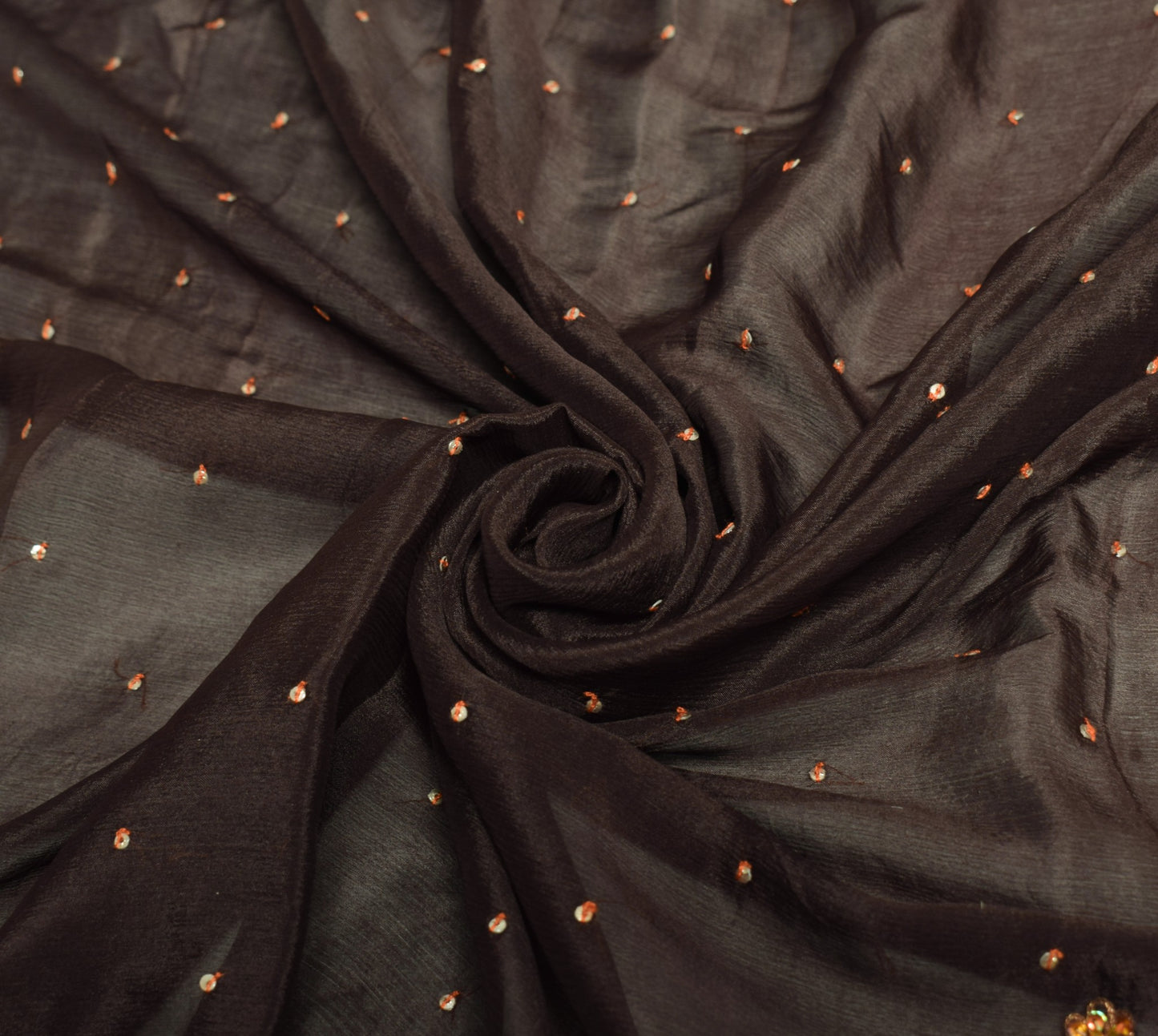 Sushila Vintage Sequins Embellish Scrap Dupatta Pure Chiffon Brown Long Stole