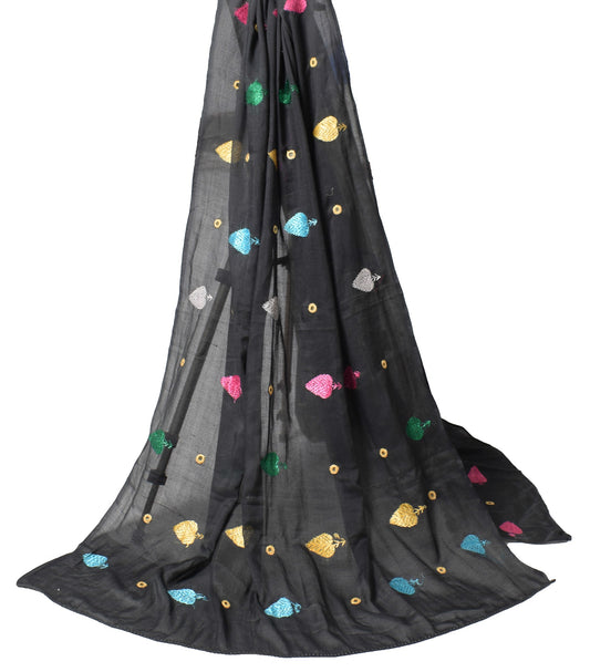 Sushila Vintage Black Scrap Dupatta Art Cotton Phulkari Embroidered Long Stole
